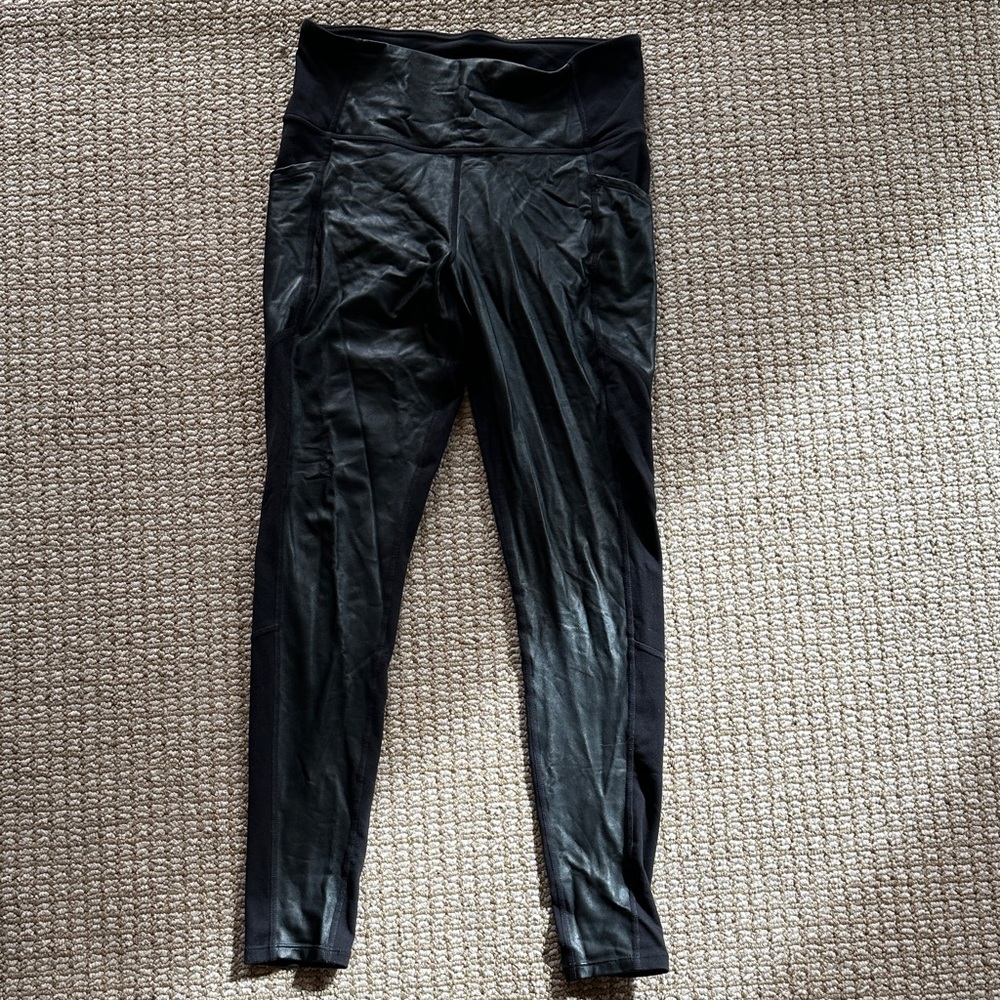 Athleta Black Leggings with leather look front panel, size S